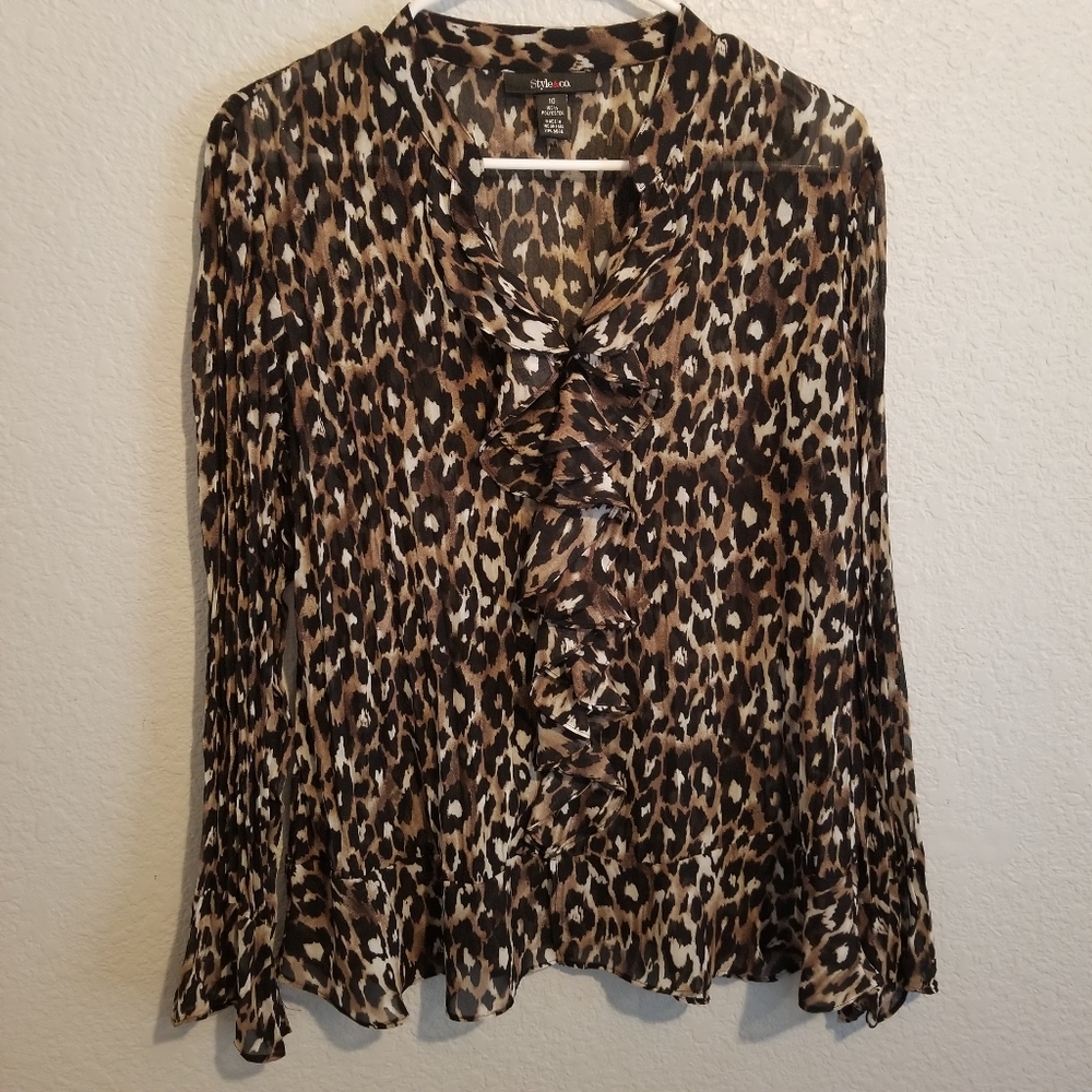Style & Co Leopard Print Long Sleeve Button Down Top
